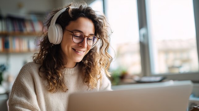 Happy Woman with Glasses and Headphones Working on Laptop