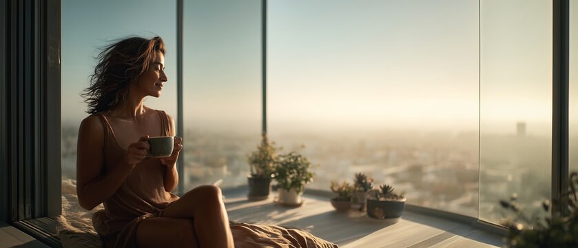 Relaxed Woman Sitting on Balcony Enjoying Coffee at Sunset