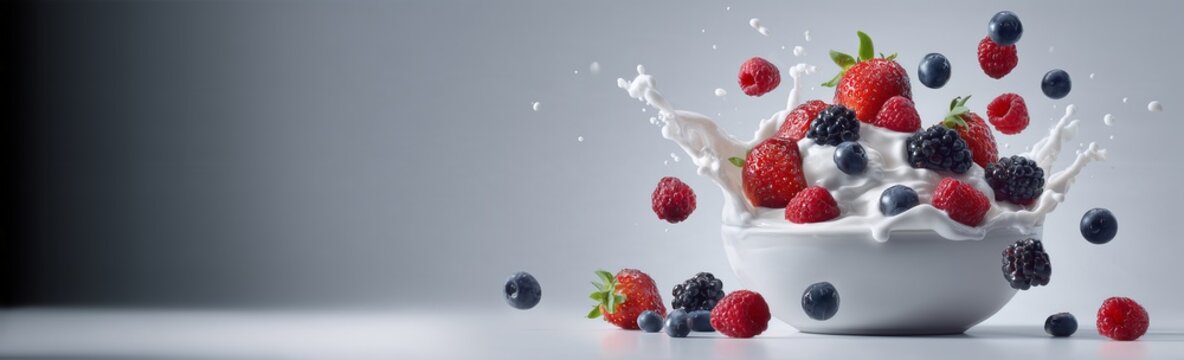 Fresh Berries Splashing into Milk Bowl with Copy Space
