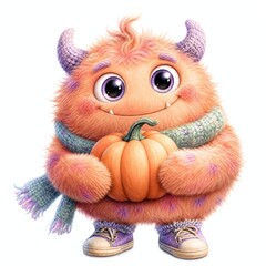 Fototapeta premium Peach Fuzzy Monster Hugging A Small Round Pumpkin