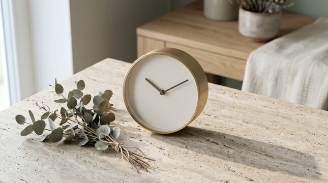 A minimalist gold clock on a textured stone table next to a bundle of eucalyptus leaves, set for a modern interior decor.