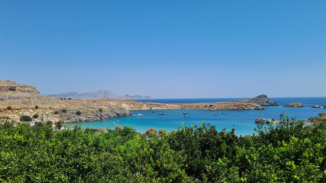 Coastal Bay and Rugged Landscape in Lindos Rhodes Greece