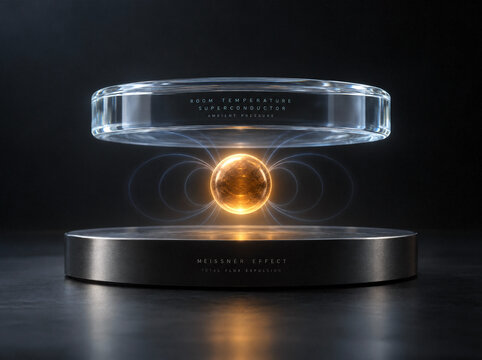 3D ambient-pressure superconductor Meissner effect concept, translucent superconducting disc with glowing magnetic levitation flux pinning vector with copy space