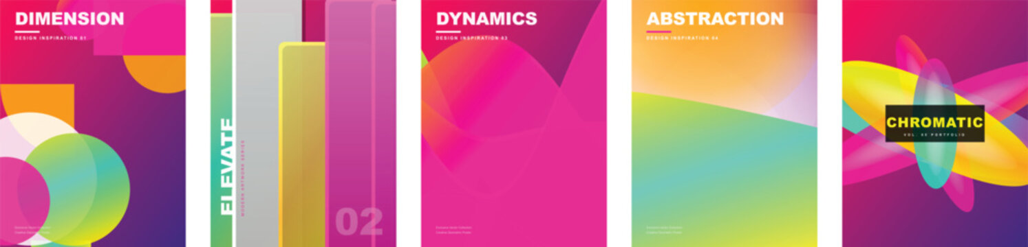Vibrant pink and yellow gradient poster templates set. Vector modern cover layouts with geometric circles, fluid waves, layered rectangles and soft mesh shapes for creative design portfolios.