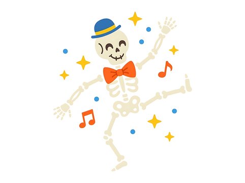 A cute cartoon skeleton character wearing a blue hat and orange bowtie dancing happily with music notes