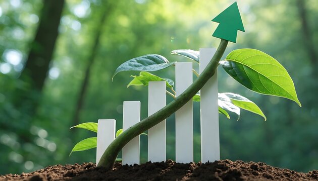 Young plant with growth chart bars and arrow in natural outdoor environment