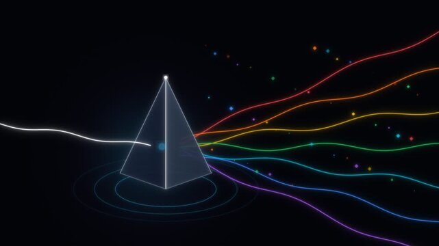 Glowing white light beam refracting into vibrant rainbow colored waves through transparent glass pyramid animation footage