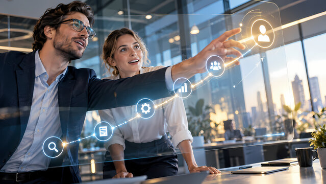 Business colleagues interact with a glowing digital customer journey interface in a modern office, following connected touchpoints that represent engagement, service experience and client satisfaction