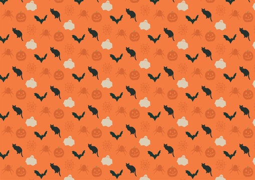 Cute Halloween Seamless Pattern with Cats, Ghosts, Pumpkins, and Spiders
