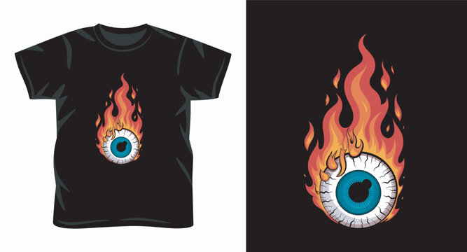 Human eyeball burning in intense fire flames illustration macabre graphic for dark artistic apparel prints.