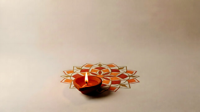 Traditional clay diya oil lamp placed beside colorful rangoli pattern for diwali with rangoli design flower rangoli indian festival deepavali decoration diwali celebration