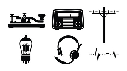 Set of communication and radio technology featuring telegraph key, vintage radio, utility pole, vacuum tube, and headset © rina