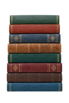 A vertical stack of eight vintage hardcover books with colorful spines on a white background