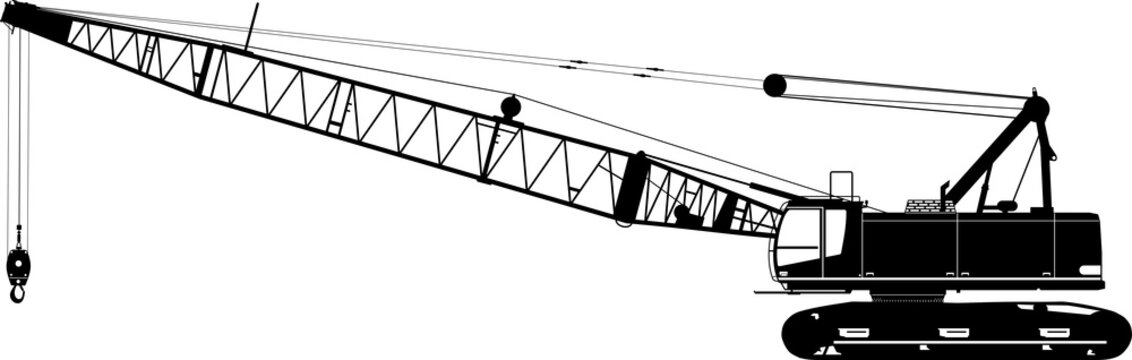 Silhouette of a duty cycle crawler crane. Heavy crane, side view.
