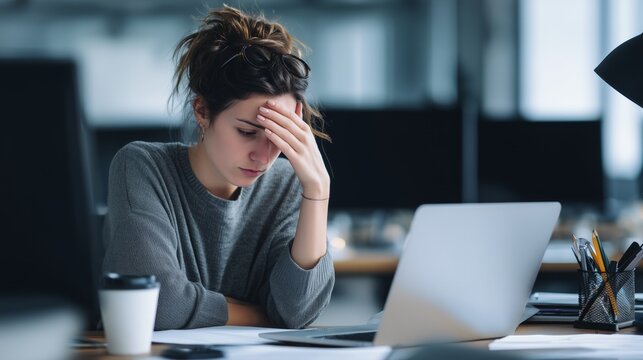 Woman having a headache, rubbing her forehead, sitting at an office desk with a laptop