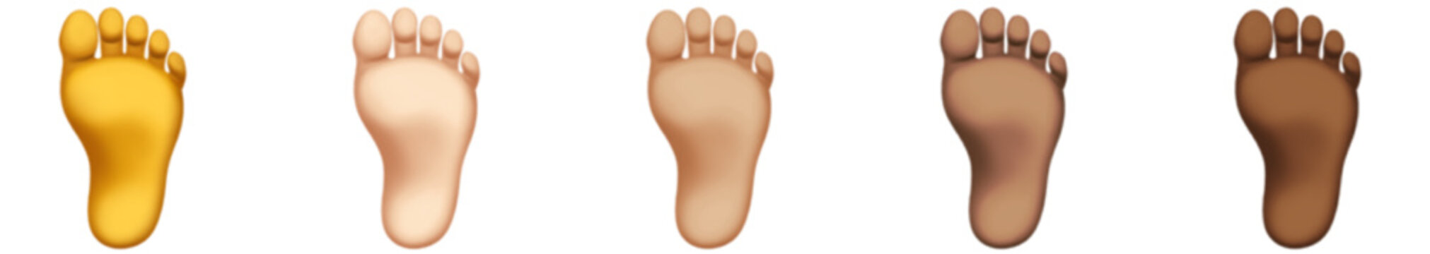 Human foot sole emoji set in multiple skin tones. Barefoot bottom sole step print emoticons for body care and fun social media design. Isolated flat vector illustration on white background collection.