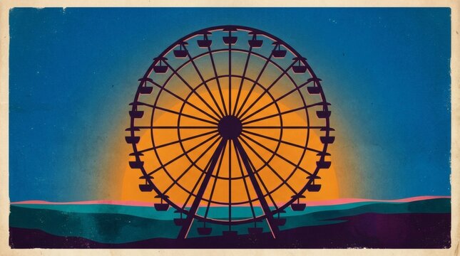 Minimalist vintage ferris wheel silhouette against large glowing sunset sun.