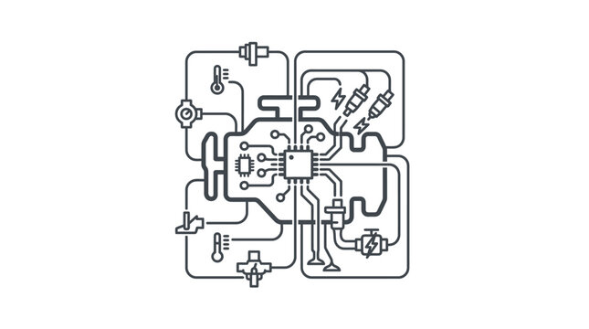 Dynamic Black and White Circuit Board Diagram with Electronic Components and Symbols with high quality professional line art symbols for modern creative design and digital branding projects