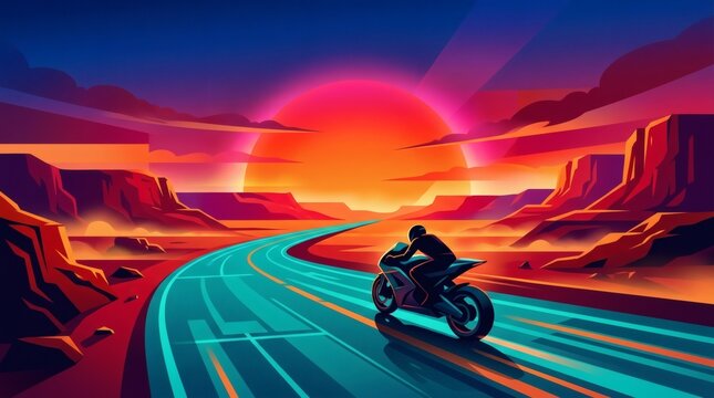 Retro futuristic motorcycle rider speeding on desert highway toward huge sunset.