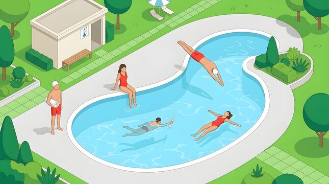 Isometric illustration of people swimming and diving in a public blue outdoor pool