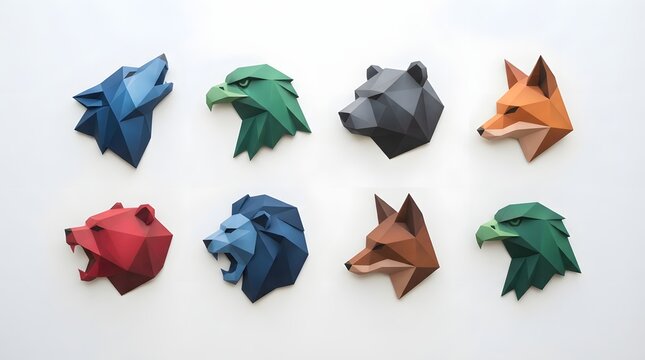 Collection of low poly paper craft animal heads mounted on a white wall with wall decor