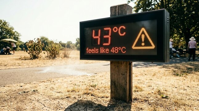 Digital sign shows 43 with warning symbol. Sunlit field, dry ground, distant trees, sparse vegetation. Person in background walks away, unaware of heat. Image captures extreme heat warning