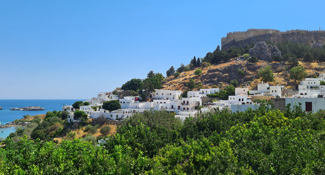 Lindos village and hilltop fortress Rhodes Greece