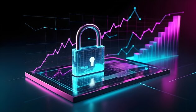 Secure Financial Data Protection Concept With Glowing Padlock And Analytics Chart Display