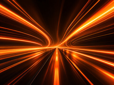 Abstract orange light streaks radiating from a central vanishing point dynamic energy background