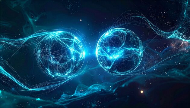 Abstract quantum entanglement concept with two glowing blue particles connected by data energy strands