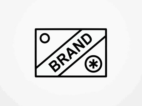 A Minimalist rectangular product tag logo icon line art featuring the word brand with a perfect circle and perfect asterisk symbol