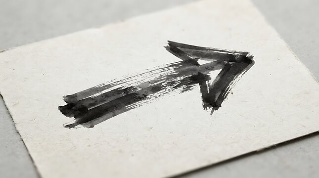 A black ink arrow hand drawn with a brush stroke on a clean white paper surface for business signs and direction
