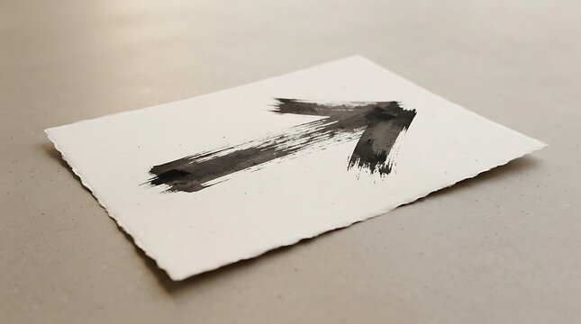 Black ink brush stroke arrow pointing up and right drawn on a piece of white paper with rough textured edges