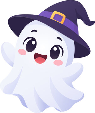 Spooky cute halloween ghost with witch hat clip art