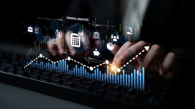 Financial analytics concept showcasing data analysis, growth graphs, and digital elements highlighting market trends and business insights through technology. Glyphic.