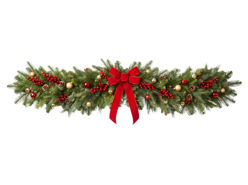Christmas garland with red bow and ornaments on black transparent background PNG