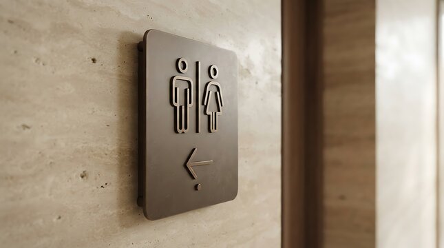 Modern metal restroom sign with man and woman icons and a directional arrow pointing left on a stone wall