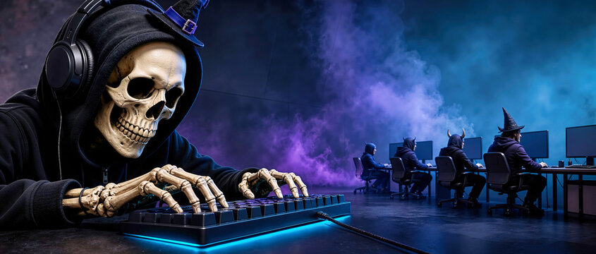 Halloween skeleton programmer wearing black hoodie and witch hat typing on blue glowing mechanical keyboard in dark office. Spooky tech event banner with copy space