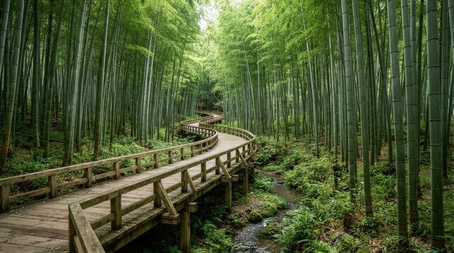 Wooden boardwalk winding through dense bamboo forest pathway