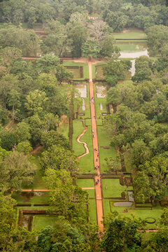 Aerial View of Sigiriya Water Gardens and Ancient Pathways in Sri Lanka