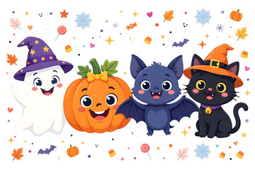 Obraz premium Cartoon ghost pumpkin bat and cat characters with halloween elements on transparent background
