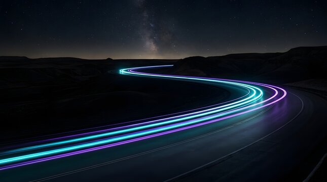 Long exposure light trails curving along a dark asphalt road under a starry night sky with milky way galaxy asphalt highway night drivin
