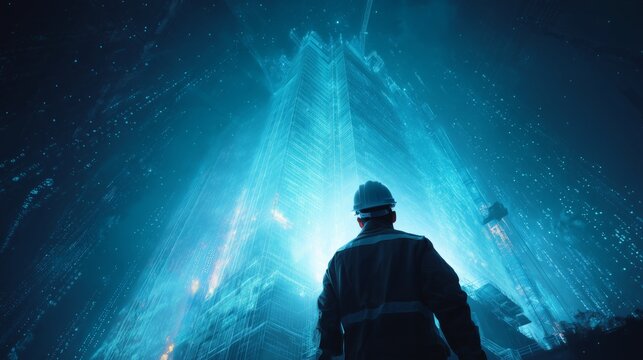 Engineer looking at a glowing digital blueprint building, representing future architecture and technology