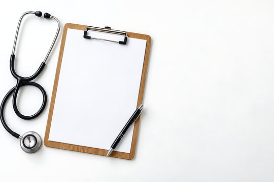 Clipboard Stethoscope And Empty Form On White Desk