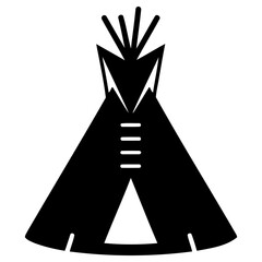 A black silhouette icon of a traditional cone shaped tent structure isolated on a plain field with representing traditional minimalist black © Vectscape