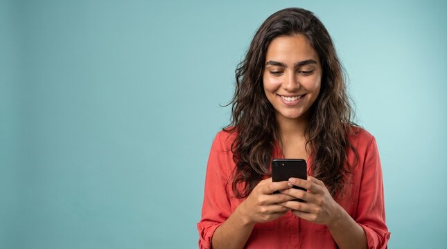 Brasileira sorridente usando smartphone em fundo azul com amplo espa&ccedil;o para texto e publicidade digital