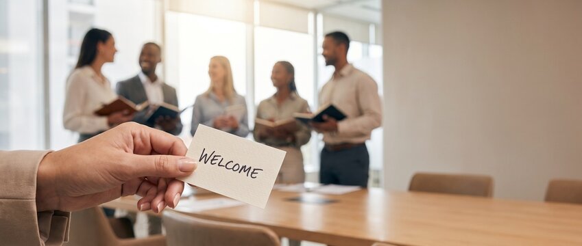 Hand Holding Welcome Card with Diverse Business Team in Background During New Employee Onboarding at Modern Office