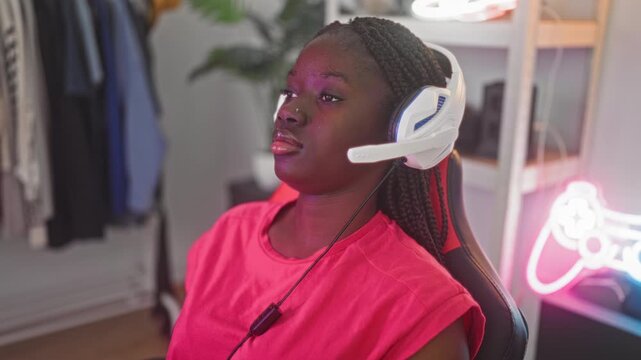 Woman wearing white headset leans back in gaming chair, eyes closed in a studio with neon controller sign; relaxed pause.