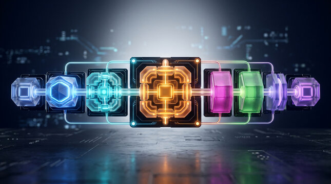 Futuristic blockchain technology and glowing data nodes | Abstract digital transformation and central processing unit | High tech computer hardware and AI neural network | Cryptocurrency mining