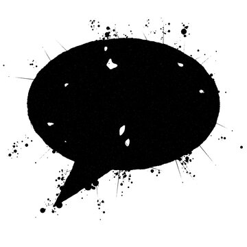 Black grunge speech bubble with rough edges and ink splatter isolated on transparent background